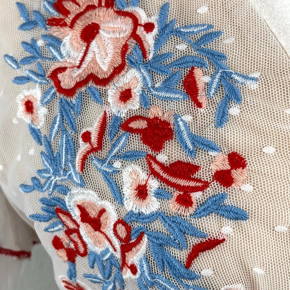 White Lace Floral Embroidered Plunge Ruffle Sleeve Boho Cottage Maxi Dress S New - Picture 9 of 16